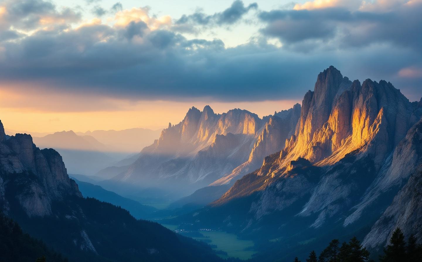 Mountain ridge at dusk with warm amber sky